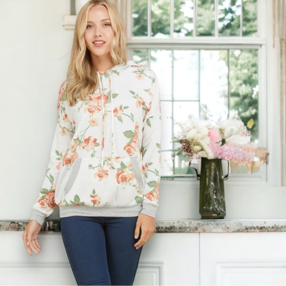 Gorgeous Ivory Floral Hoodie Sweatshirt - Picture 2 of 6